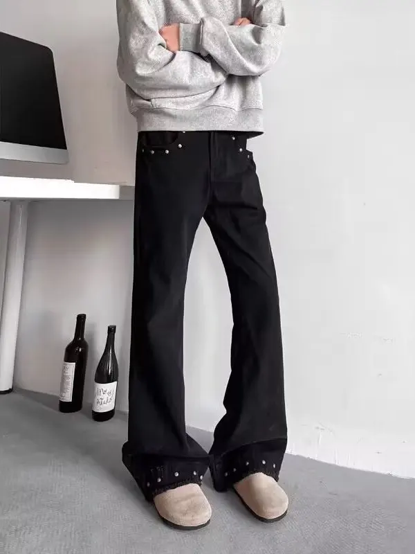 

Мужские джинсы Bla Slimming Bell Bot с заклепками и рваными элементами, широкие брюки в американском стиле, повседневные брюки в стиле хип-хоп