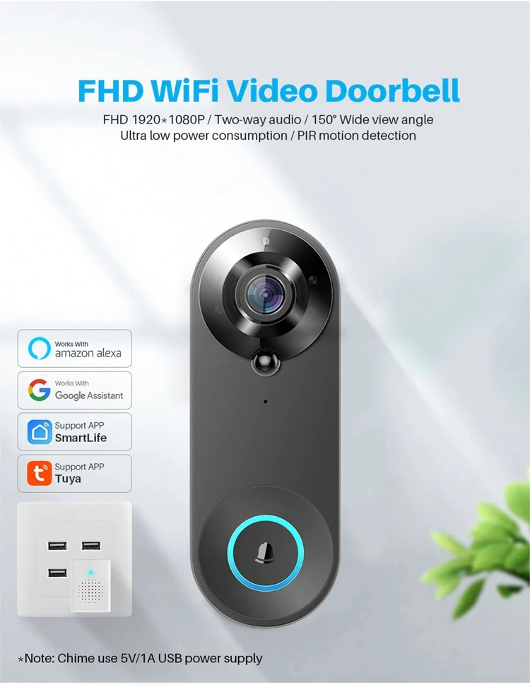 Tuya APP Smartlife WiFi Doorbell 1080P Wide Angle Video Door Phone Intercom Visual Peephole Viewer with Chime for Home Secur