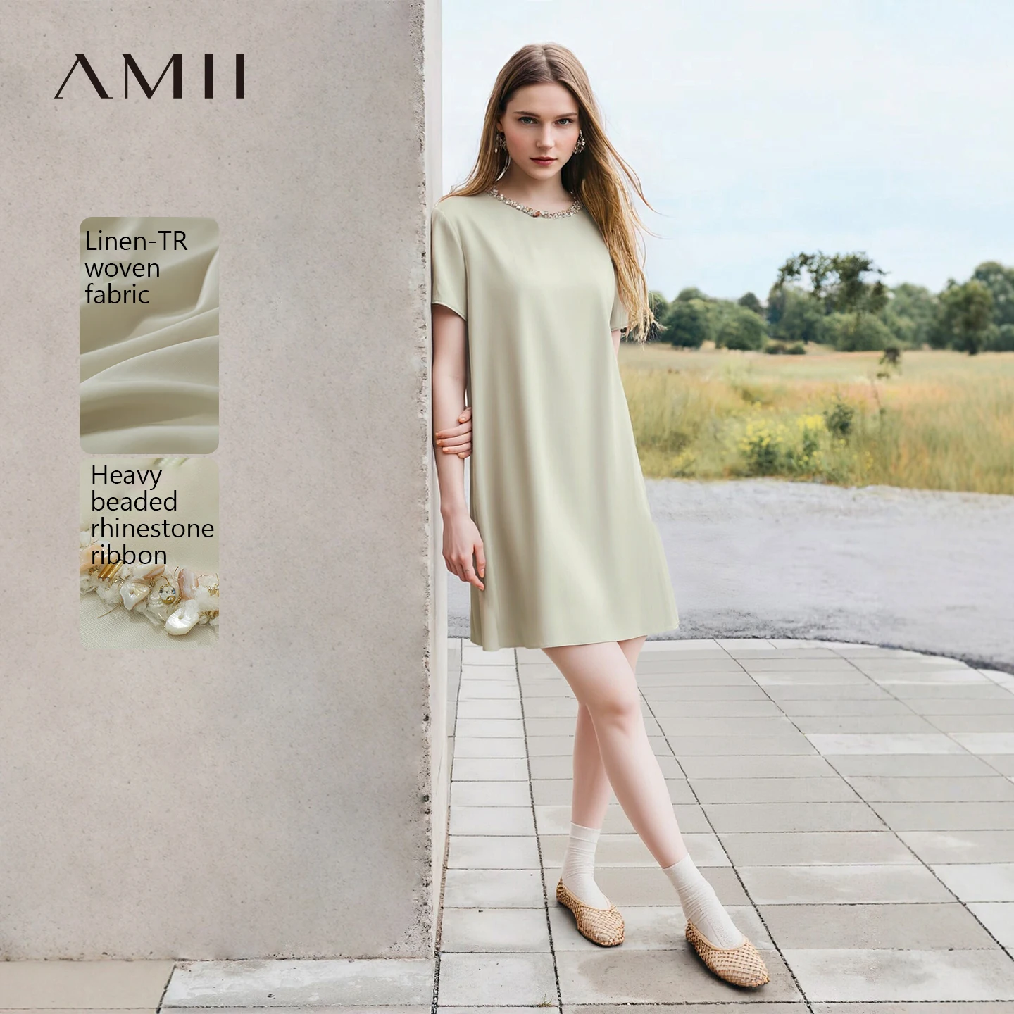 Amii Women's Dress 2026 Summer New Round Neck Short Sleeve Midi Dress Linen Blend French Casual A-Line Women's Clothing 12642097