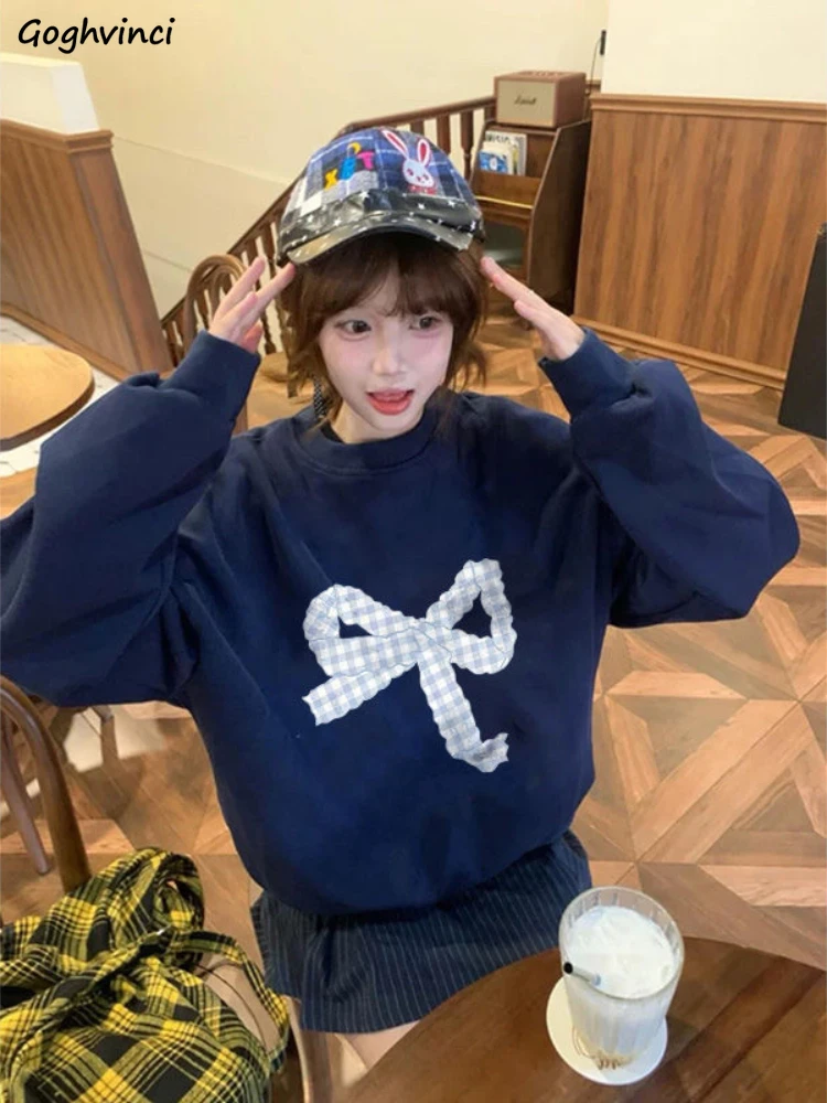 

Женские толстовки с длинным рукавом, свободный крой, дизайн с бантом и круглым вырезом, весенний корейский стиль, винтажный универсальный повседневный стиль для девочек, простой повседневный шик