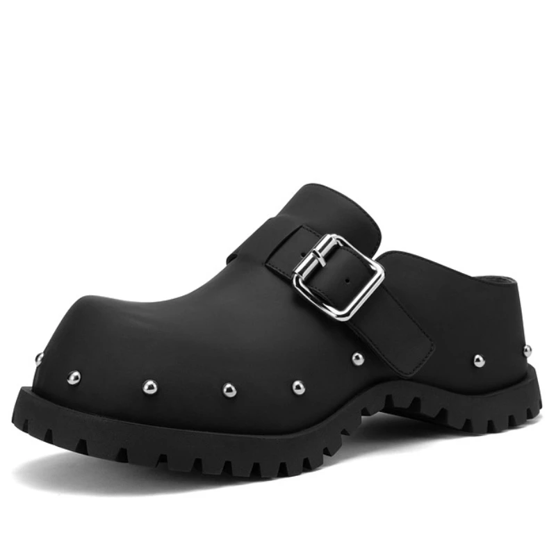 

Black Leather Slip-On Vintage Shoes for Women's Handmade Thick-soled Height Increasing Shoes Clogs with Arch Support Rivet Mules