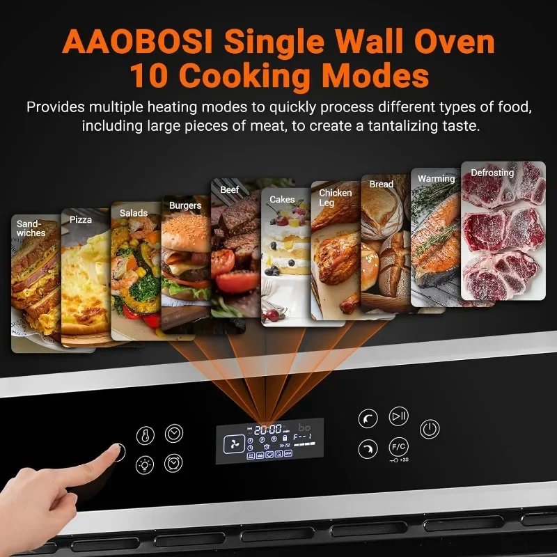 AAOBOSI Single Wall Oven, 24 Inch Electric Built-in Convection Oven 2.5 Cu.Ft 2800W 240V LED Digital Display Touch Control Timer