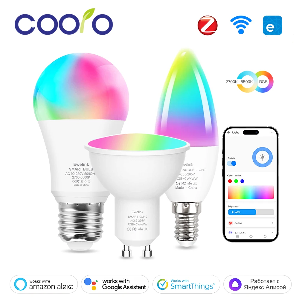 Inteligentna żarówka LED WiFi Zigbee z możliwością ściemniania E27 E14 GU10 RGBCW 2700-6500K Lampa świecowa LED dla aplikacji Ewelink Alexa Google Home Yandex