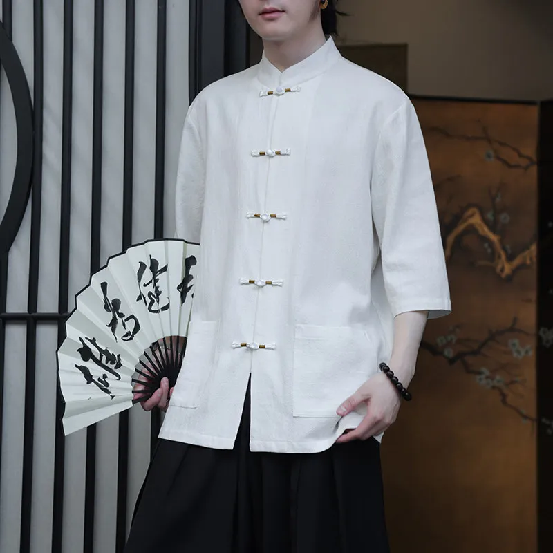 

2026 Spring Summer Chinese Style Men's Solid Tang Suit Frog Button Hanfu Short Sleeve Shirt Plain Color Streetwear Clothing Man