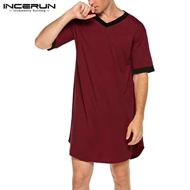 INCERUN New Men\'s Nightgown Fashion Patchwork Sleep Robe Solid Sleepwear Short Sleeve Bathrobe Loose V Neck Homewear S-5XL 2022