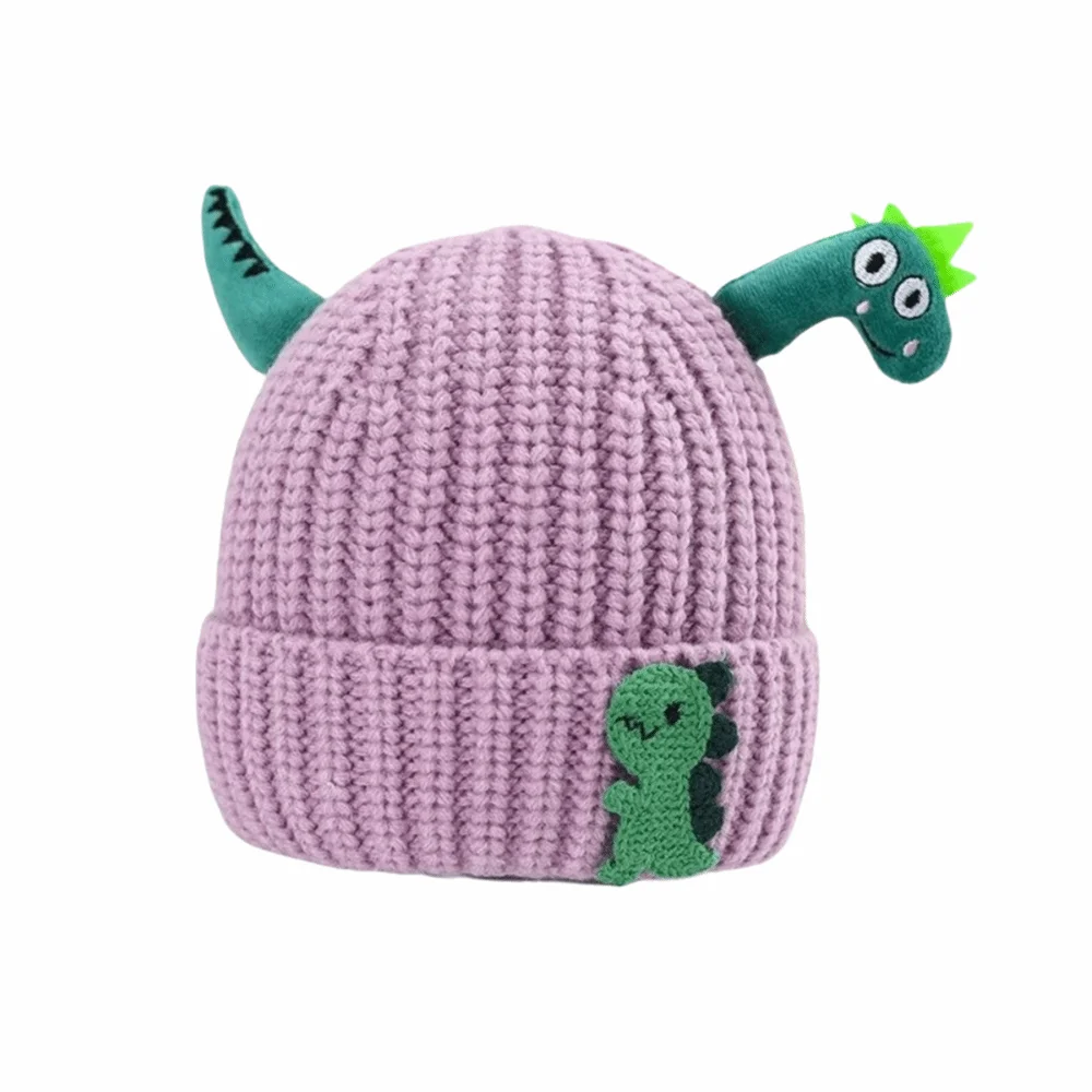 

Новая милая детская вязаная шапка с динозавром, утепленная ветрозащитная теплая шапка, теплая однотонная пуловерная шапка для мальчиков и девочек