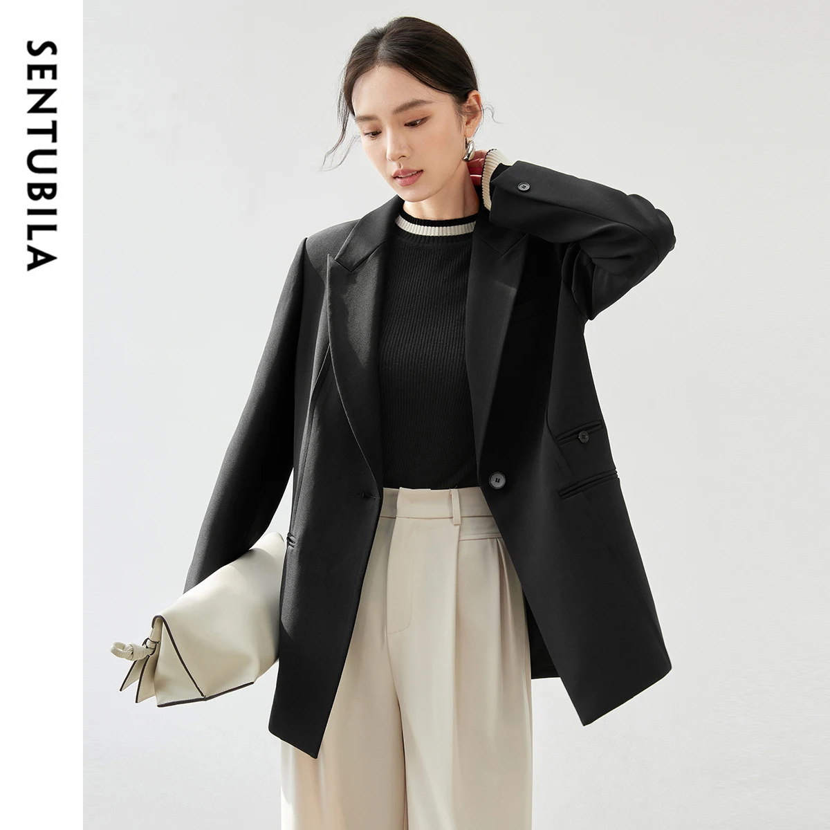 SENTUBILA Texture Twill Blazers Women Fall 2024 Classic Notched Collar Shoulder Pads Office Lady Work Business Coat 143X56811