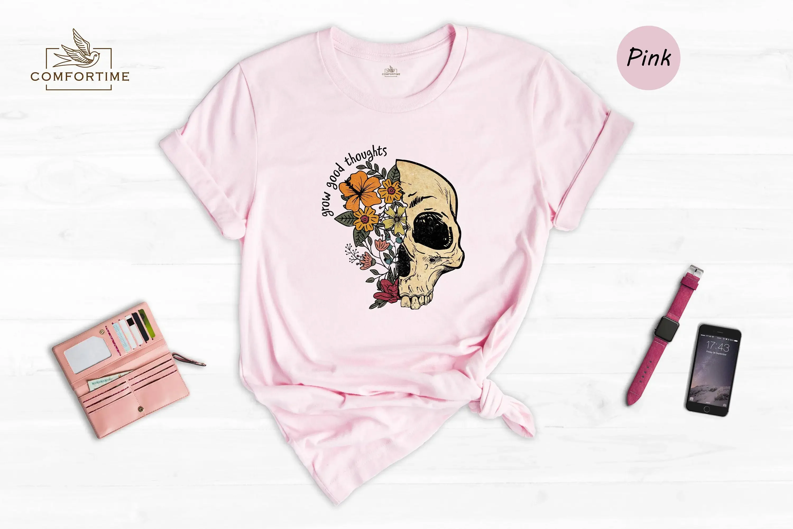 Grow Good Thoughts T Shirt Mental Health Matters Floral Skull Awareness Positivity