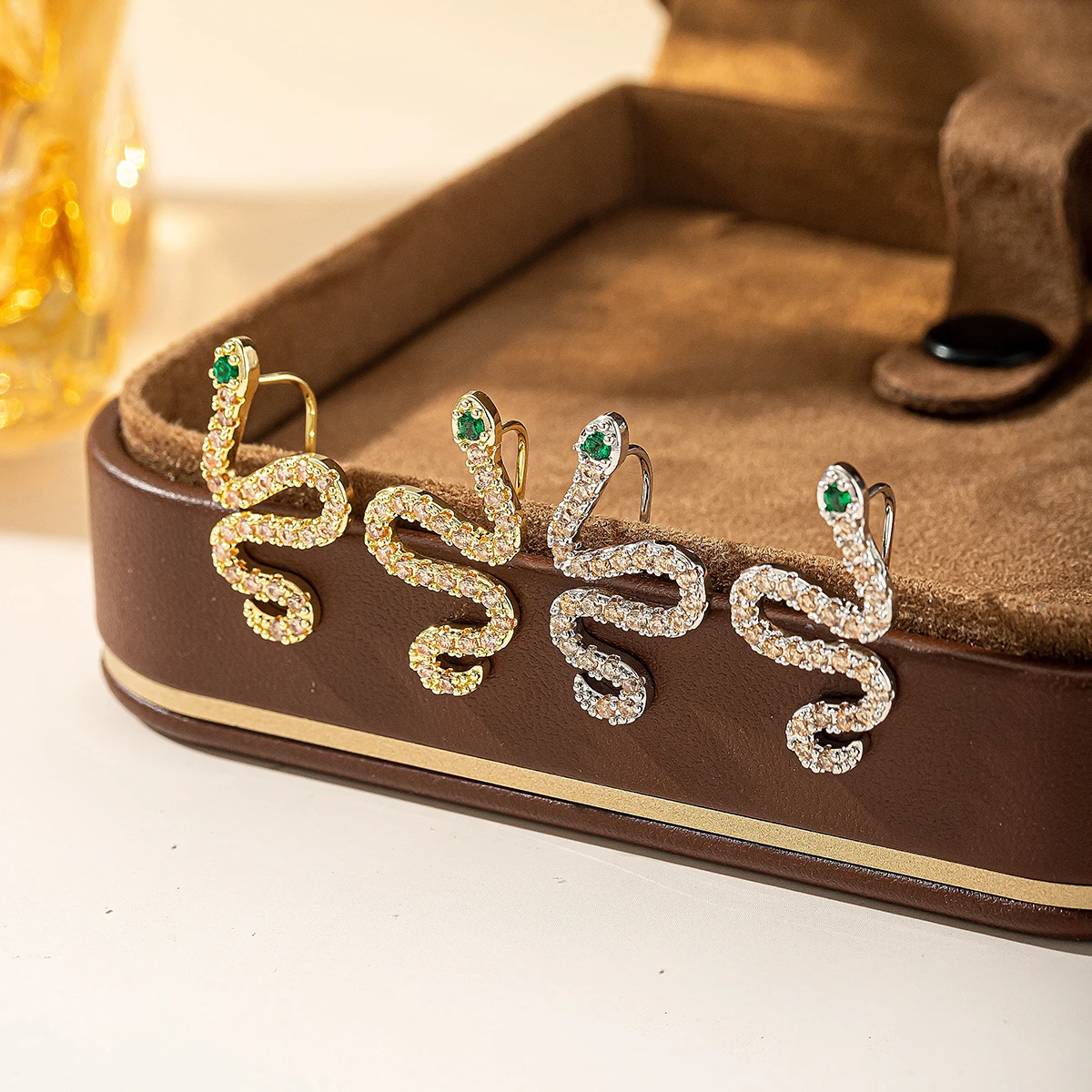 Sparkling Cubic Zircon Snake Earrings for Women, Green Eye CZ Wrap Crawler Earrings