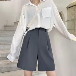 Spring Summer Women's High Waisted Button Solid Pockets Casual Suit Sports Formal Trousers Preppy Style High Street Shorts