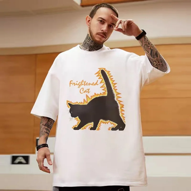 ZAZOMDE 2025 Street Vintage Anime Cat Print Short Sleeve T-shirt Men Goth Harajuku Fashion Couple Casual Loose Sports T-shirt