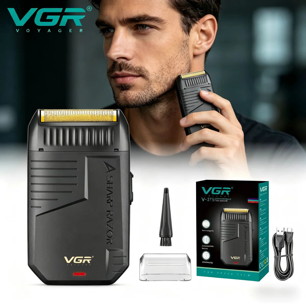 VGR Electric Shaver Professional Beard Trimmer Rechargeable Shaving Machine LED Face Shaver Mini Portable Shaver for Man V-375