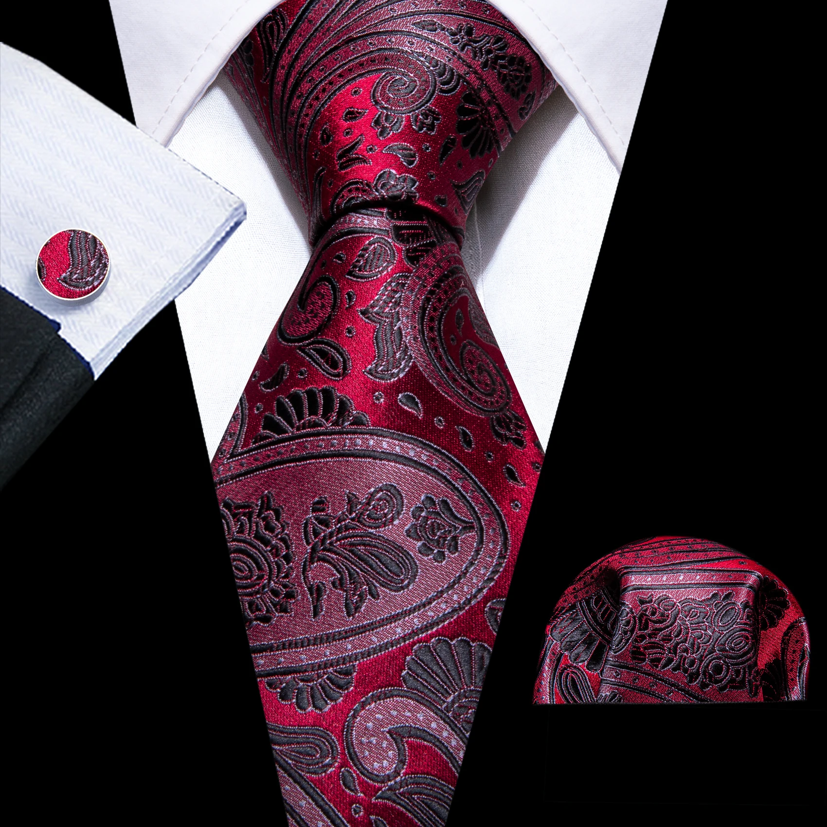 Corbata de Cachemira roja de lujo para hombre, esmoquin de negocios, corbata de seda para boda, conjunto de gemelos cuadrados de bolsillo, corbatas