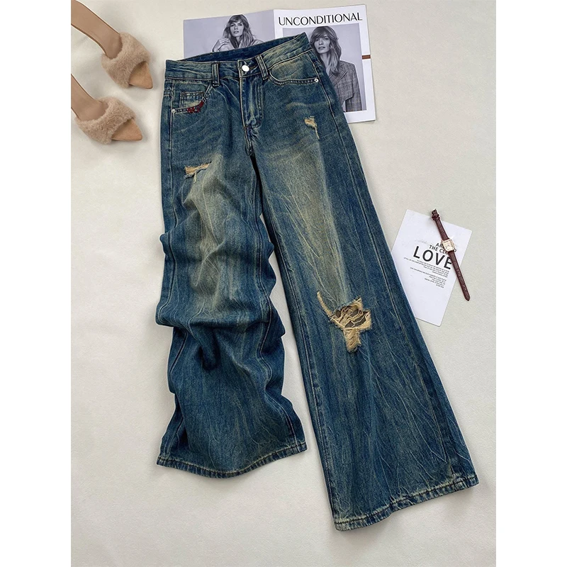 

Vintage Blue Ripped Jeans 2026 Summer Spicy Girls Low-rise Wide Leg Denim Pants Casual Zipper Fashion High Street Trousers
