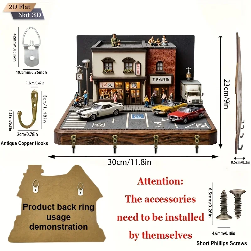 2D Flat. 1pc. Retro Street Scene Theme Key Hook - Multi-Functional Decorative Key Holder with Four Metal Hooks, Wall