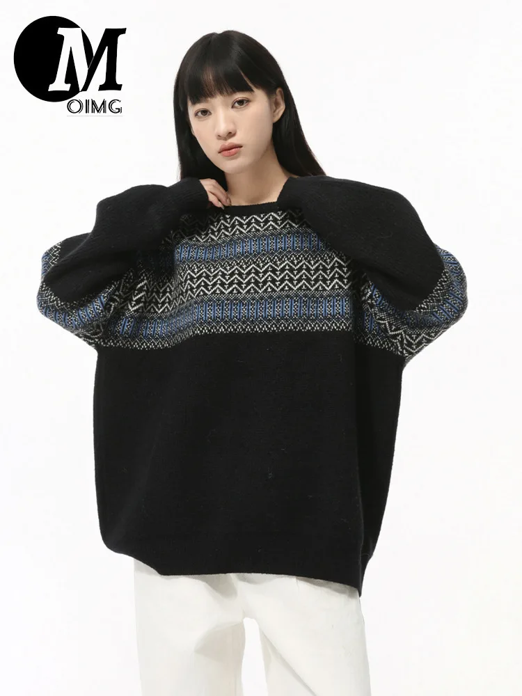 [OIMG] Autumn New Product Korean Color Contrast Splicing Round Neck Gentle Temperament Knitted Sweater