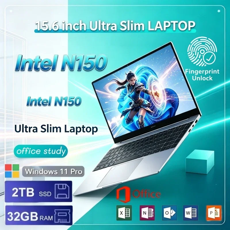 Laptop Sleek Ultra-thin 2026 Intel N150 15.6 Inch Portable Laptop 16GB/32GB RAM Windows11 1/2TB Large SSD