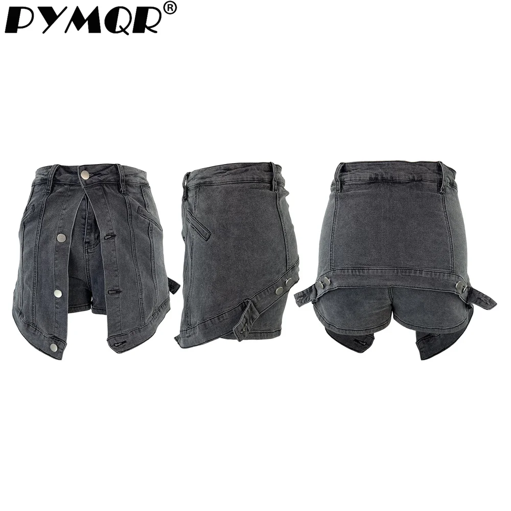 PYMQR Stretch Denim Shorts With Fake Two Pieces Trendy Woman 2023 New Baggy Jeans Mid Wiast  2023 Summer Y2K Streetwear Trousers