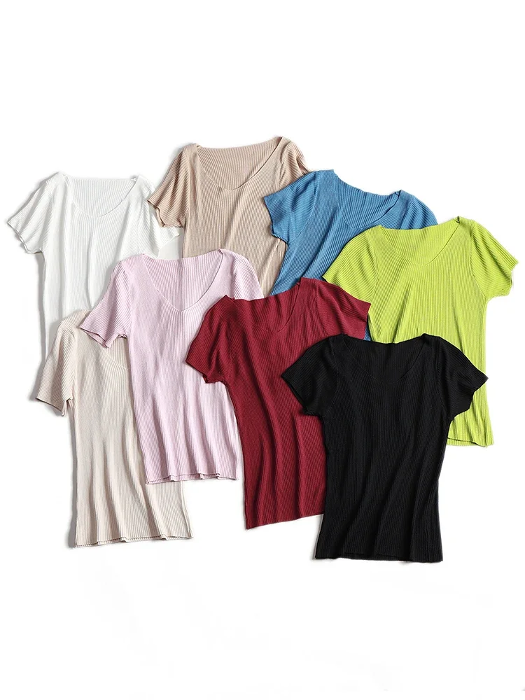 Pullover knitted Short Sleeve knitted Sweater Women Spring Summer Slim Basic Solid Casual Base Female knitting shirts 2024 Korea