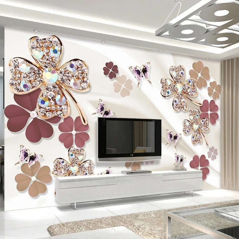 

Large Size Luxury Wallpaper 3D Diamond Flower Clover Butterfly Jewels Photo Mural Silk TV Backdrop Wall Sticker Paper Home Decor