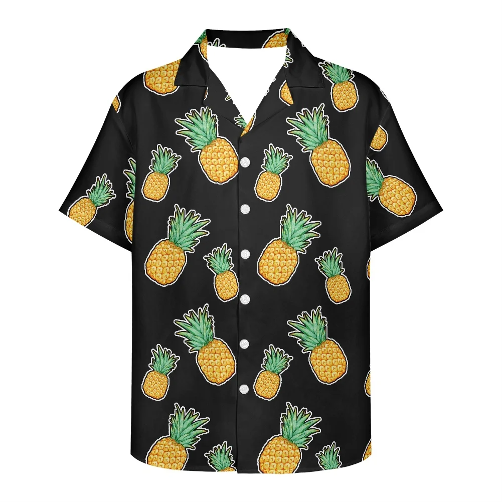 

Men Turn Down Collar Short Sleeve Black Clothing Button Slim Fashion Men'S Tops Casual Loose Beach Fruit Printing Hawaii Shirts