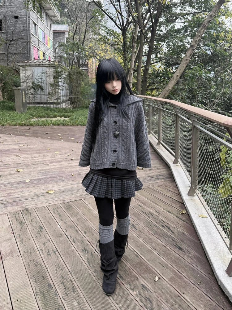 2026 Autumn Winter Women's Y2K Goth Knit Cardigan Harajuku Retro Millennium Aesthetics Single-Breasted Open-Flap Hooded Sweater