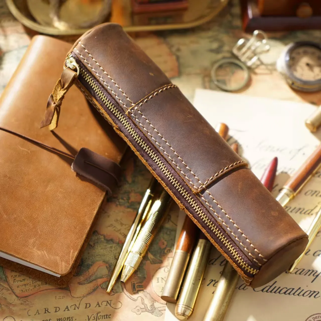 

Vintage leather zipper pencil case organiser pouch simple handmade pen case box coin purse stationery storage bag for school