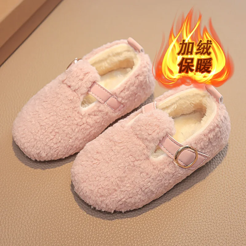Leisure Kids Loafers Warm Hook-loop 21-30 Chic Three Colors Boys Girls Shoe Winter Children Flat Shoes Fluffy Buckle Round Toe view 4