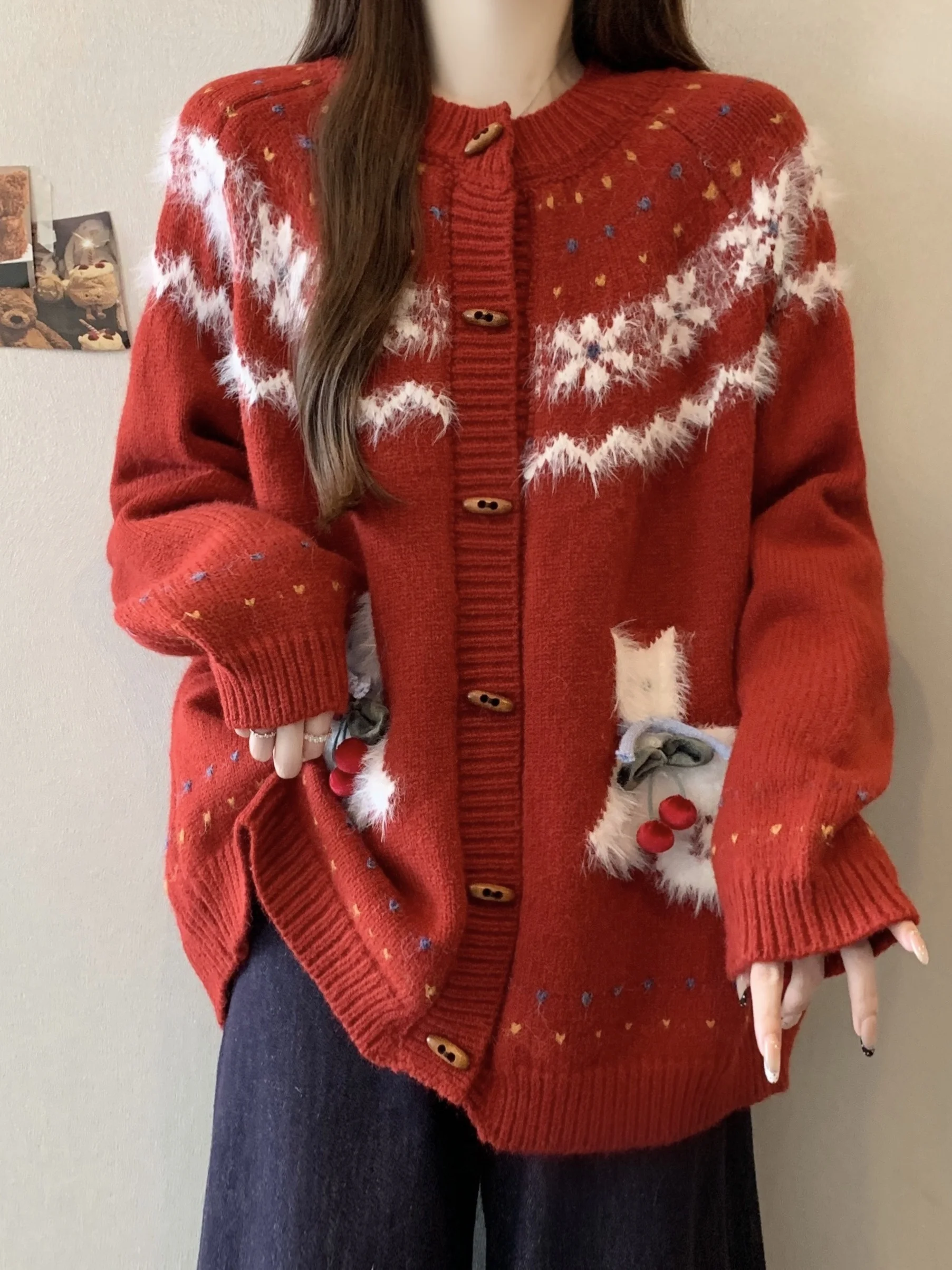 

plus Size Women's Cherry Knitwear Coat Loose Fit Autumn Winter New Year's Sle Korean Version High Waist Long Sve round Ne