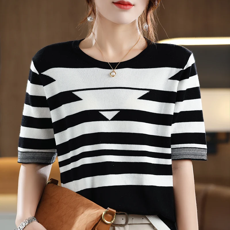 Women\'s T-shirt Spring/Summer 100% Cotton Knitwear Casual Striped Pullover Short Sleeve Round Neck Tees Loose Blouse