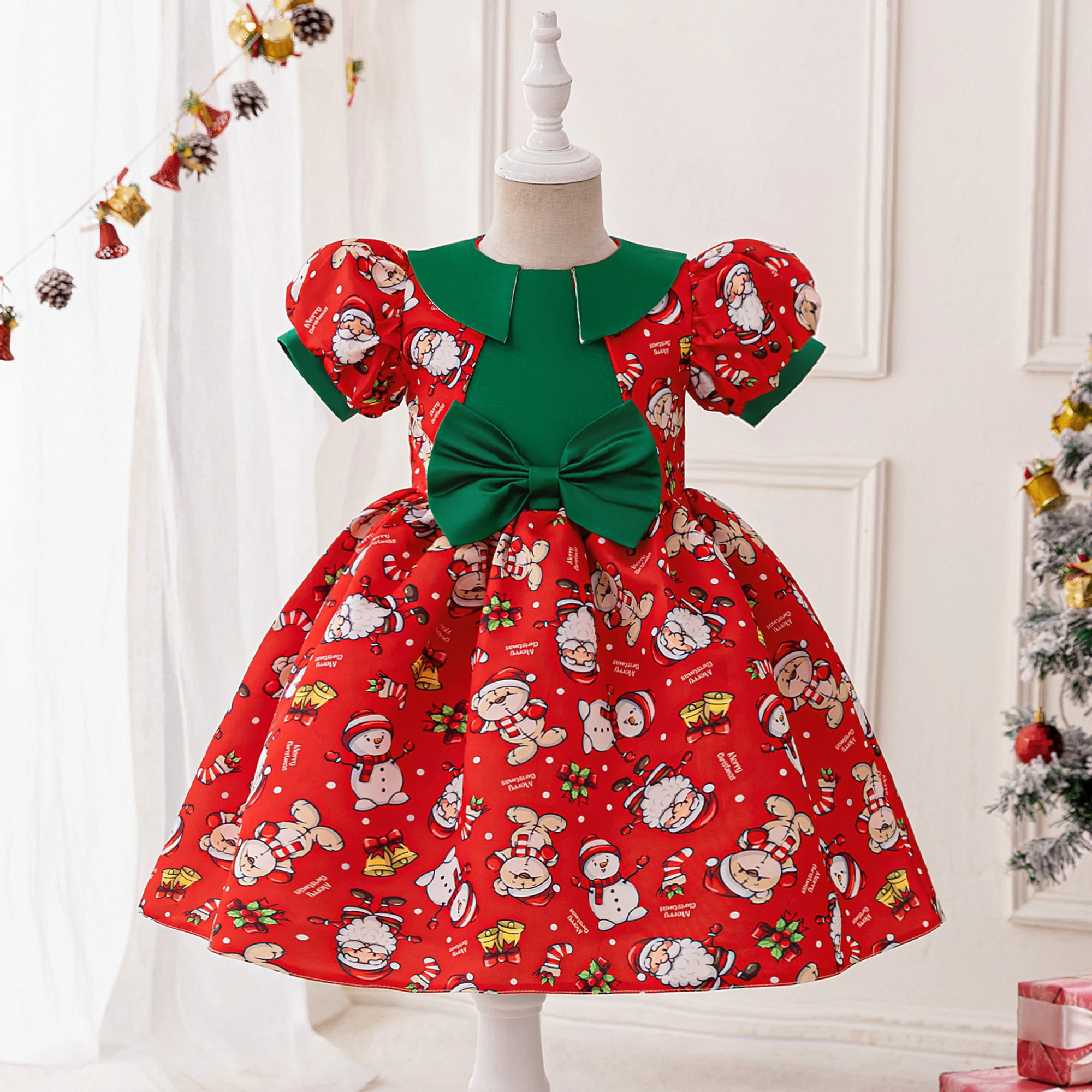 

Red Christmas Girl Party Dresses Santa Claus Snowman Carnival Cosplay Costume Cartoon Jingling Bell Princess Dress Birthday Gown