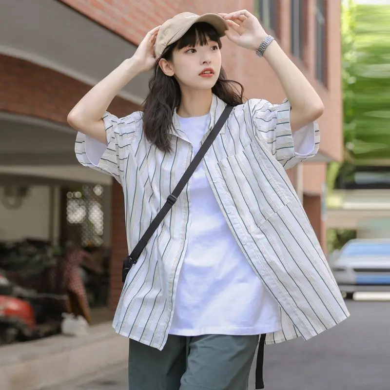 

Summer Casual Korean Fashion Loose Buttons Single Breasted Striped Short Sleeve Youth Lively Bright Easy Close to the People