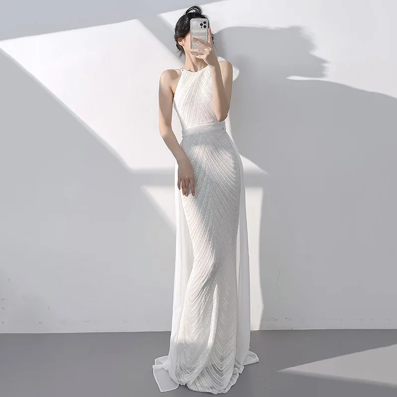

Elegant White Sequins Evening Dress 2026 Scoop Straps Beads Mermaid Formal Prom Party Gowns Pageant Birthday Robe De Soriee
