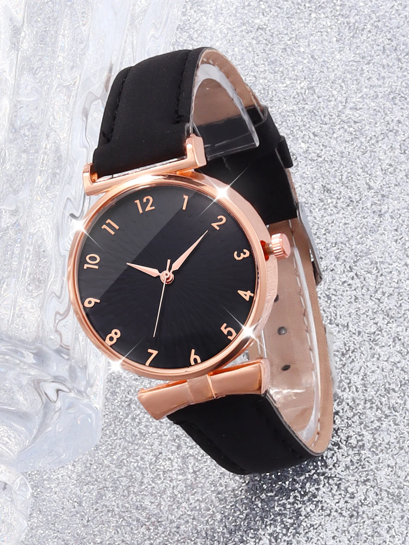 Black fashion convex design women's simple quartz watch and 5 bracelet set birthday gift everyday wear