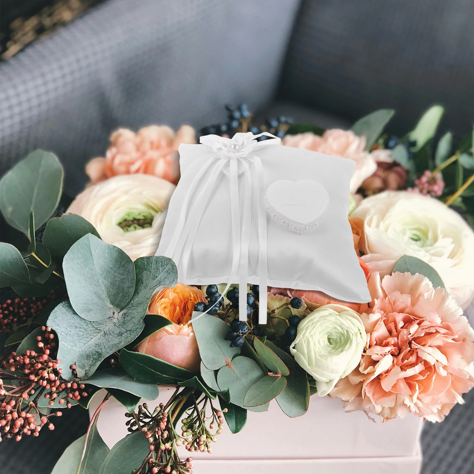 

Floral Design Ring Pillow For Wedding Ring Pillow White Color Compact Size Reusable DIY Decor Party Supplies