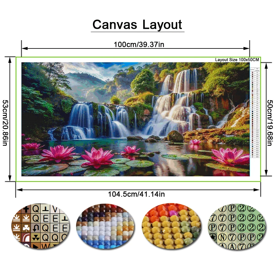 Fullcang Waterfall Lotus Diy Diamond Painting Large Size Landscape Full Square Round Drill Mosaic Embroidery Picture Wall Decor
