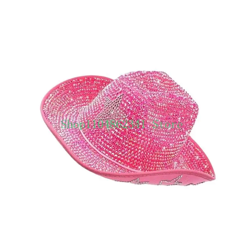 

652F Full Rhinestones Top Hat for Women Men with Five Pointed Star Pattern Wide Brims Hat for Music Festival Theme Event