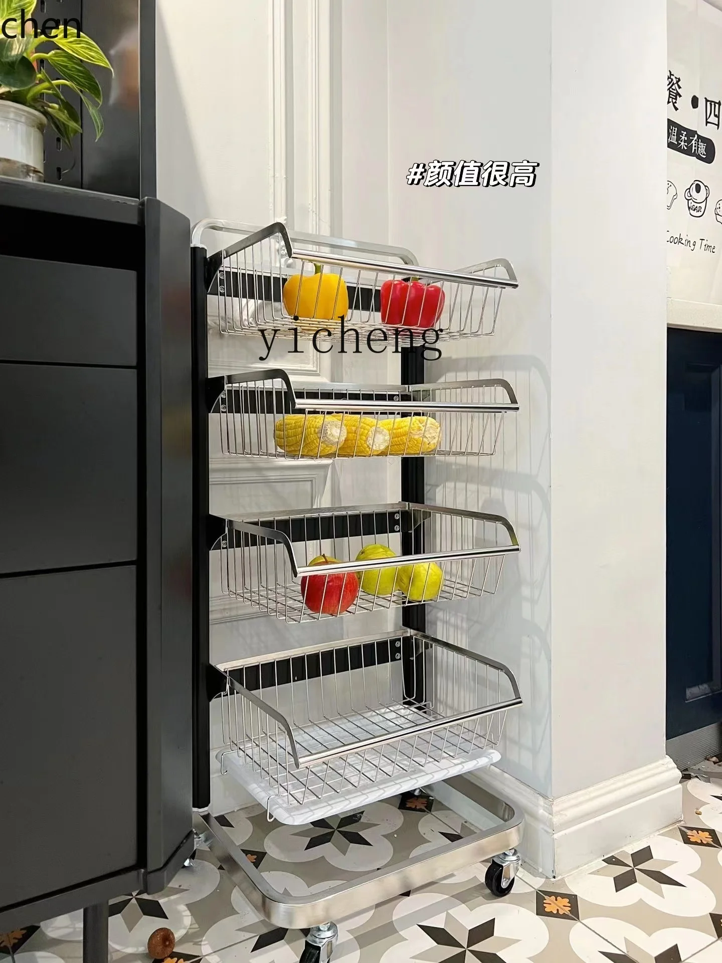 YFY Kitchen Vegetable Rack Floor-Standing Dish Basket Fruit Storage Mobile Trolley