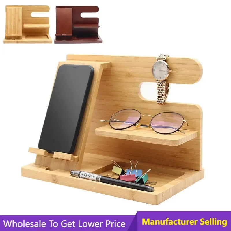 Phone Stand Wooden Multifunctional Desktop Organizer Key Holder Wallet Stand Tablet Holder Table Support Storage Shelf