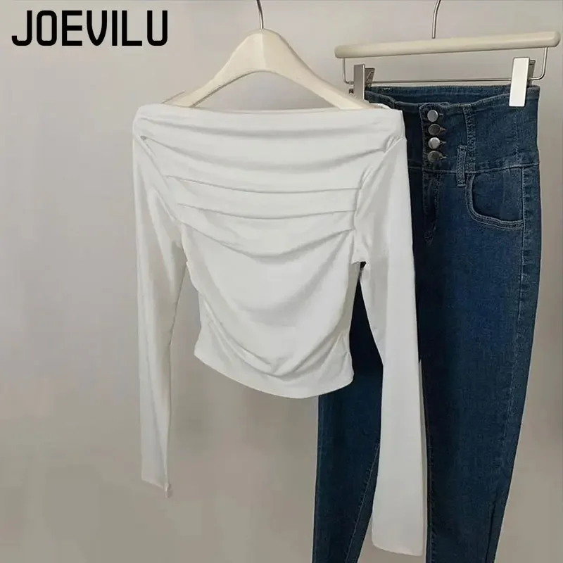 JOEVILU plisowana z odkrytymi ramionami krótkie bluzki damska Slim Fit z długim rękawem koszulka koreańska moda nisza prosta koszula ubrania