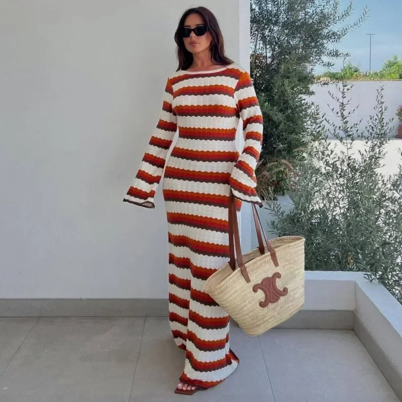 

Fall Knitted Striped Backless Maxi Dress Women Crochet Hollowed Out Flared Sleeves Ruffle Vestidos O-neck Long Dress Vacation