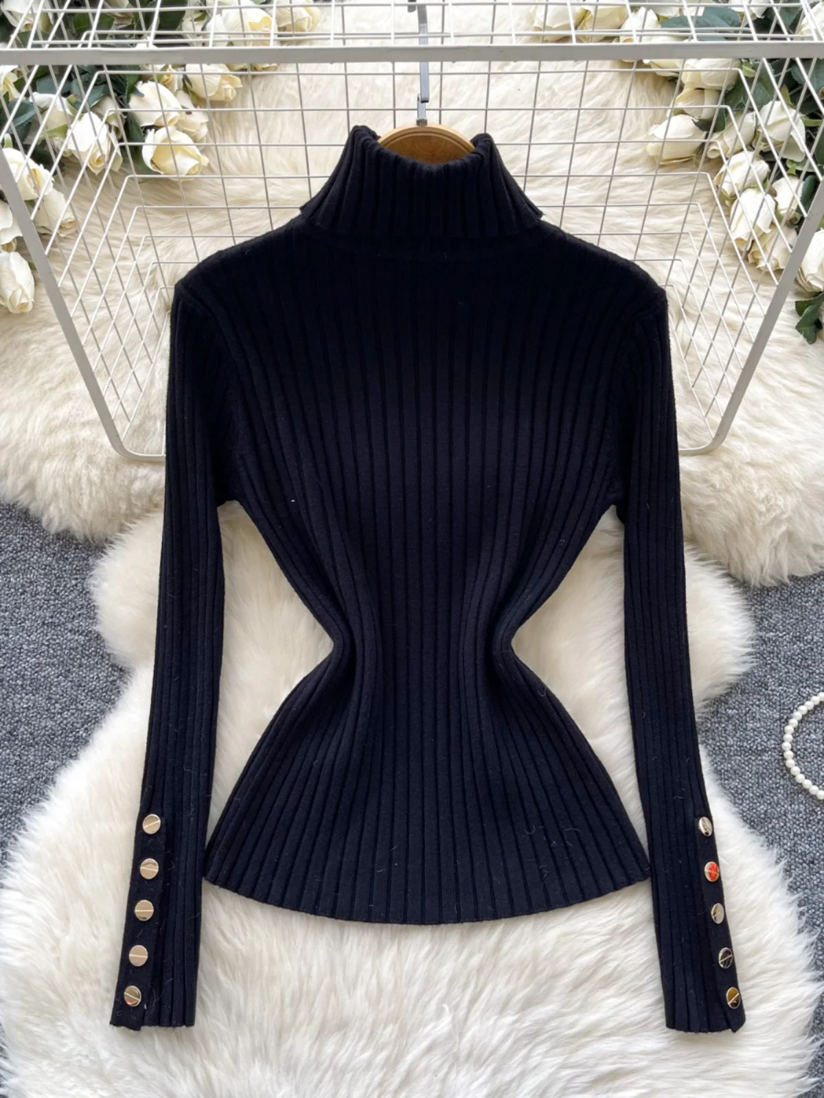 Slim Fit Long Sve Knitted Sweater Women's Metal Button Neline Vertical Stripe Pattern Versatile Base Layer Top