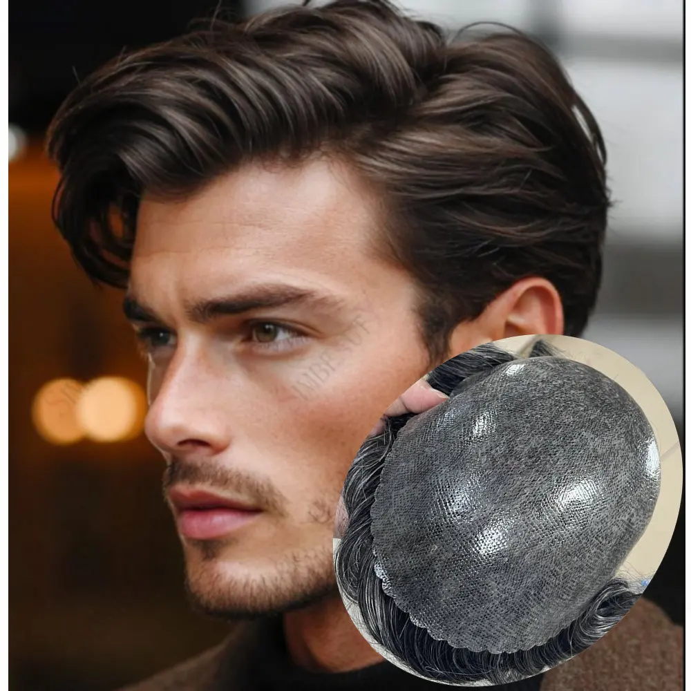 

Undetectable Men Toupee Full PU 0.1mm Thin Skin Base Men's Capillary Prosthesis 100% Real Human Hair Wig Grey Black Hairpiece