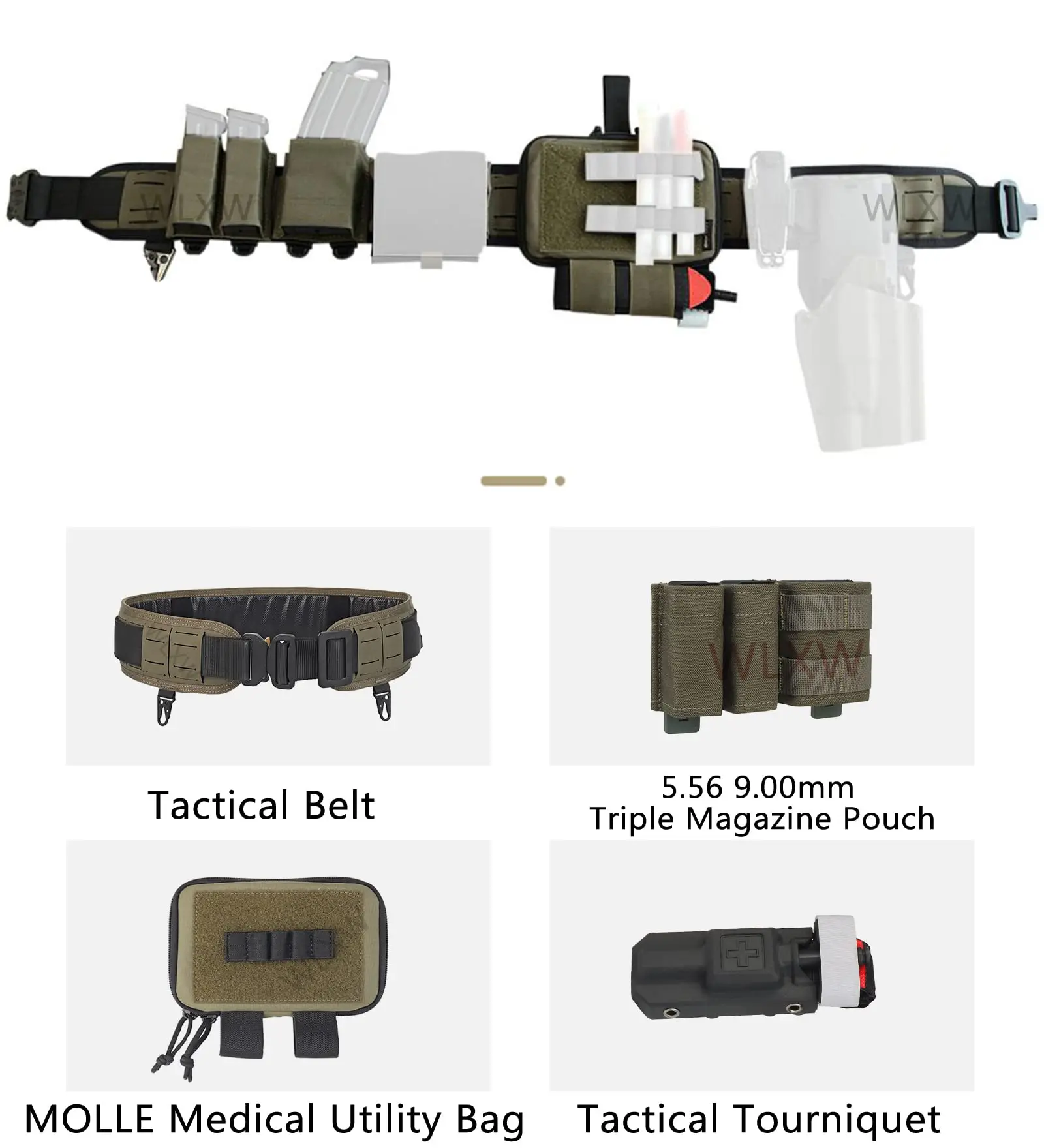 Conjunto de cinturón de batalla Molle, cinturón táctico ajustable con parte superior abierta táctica, bolsa Triple Mag, riñonera Molle y torniquete táctico