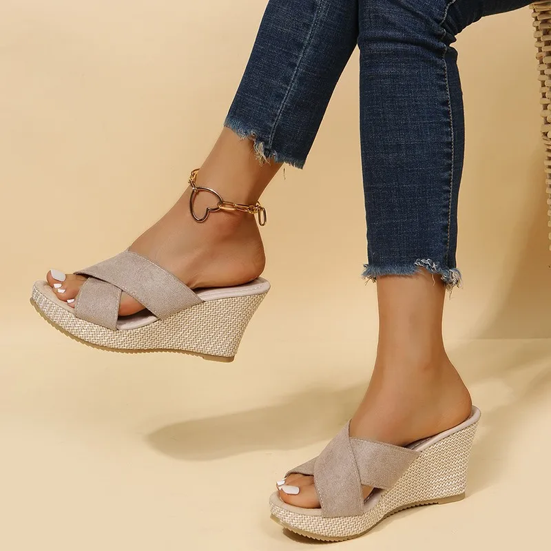 Zapatillas de tacón alto de lujo para mujer, sandalias de cuña de alpargata, zapatos de plataforma informales con punta abierta, sandalias