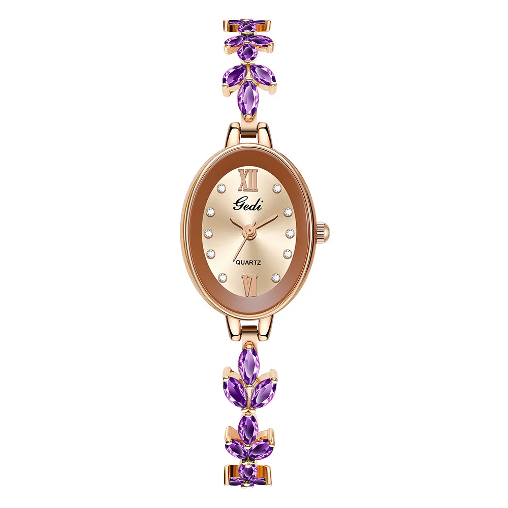 High-end Luxury Oval Quartz Watch, Pearl Women's Watch, Retro Purple Zircon Leaf Chain, Elegant Women's Watches