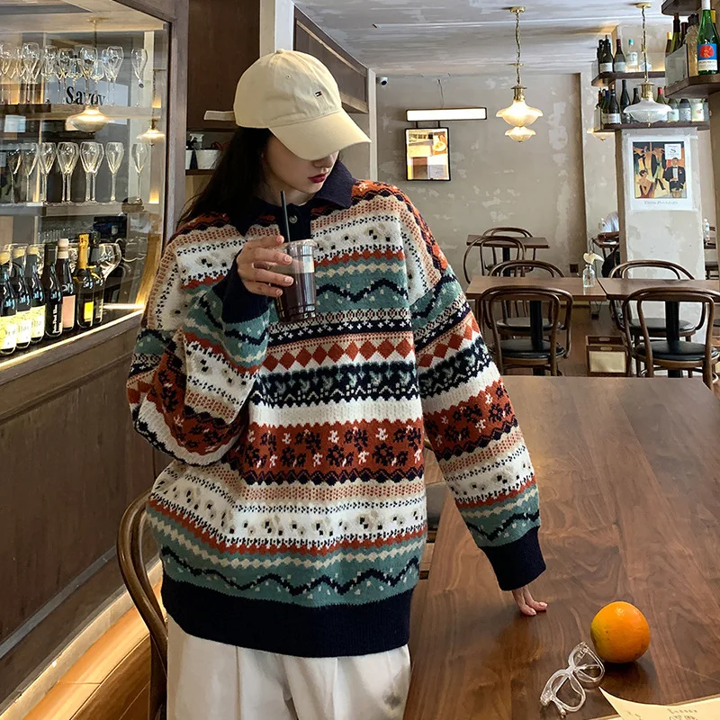 Striped Sweaters Women Folk-style Autumn Retro Loose All-match Elegant Knitwear Pullover Slouchy Winter Youthful Advanced 2024