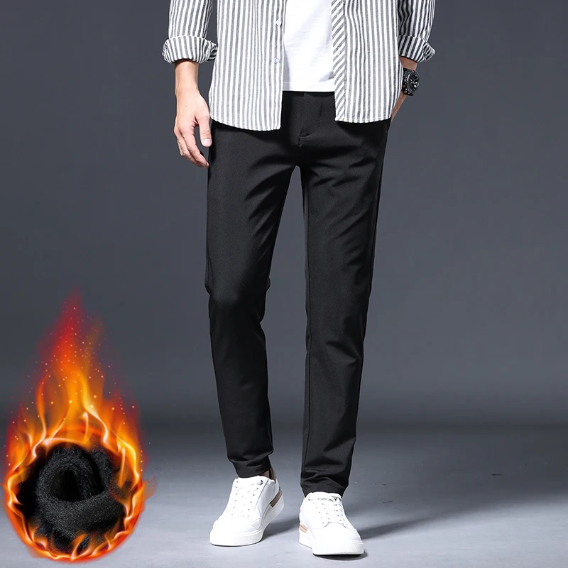 Thick Men's Casual Pants Winter New Slim Business Straight Trousers Velvet Warm Solid Color Fashion Classic Male Plush Trousers