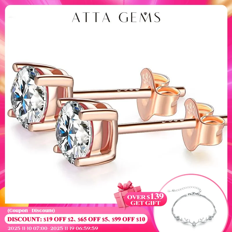

ATTAGEMS D Color Moissanite 1CT Gemstone 750 Rose Gold 18K Plated Stud Earrings for Women Solid 18K Gold Solitaire Fine Jewelry