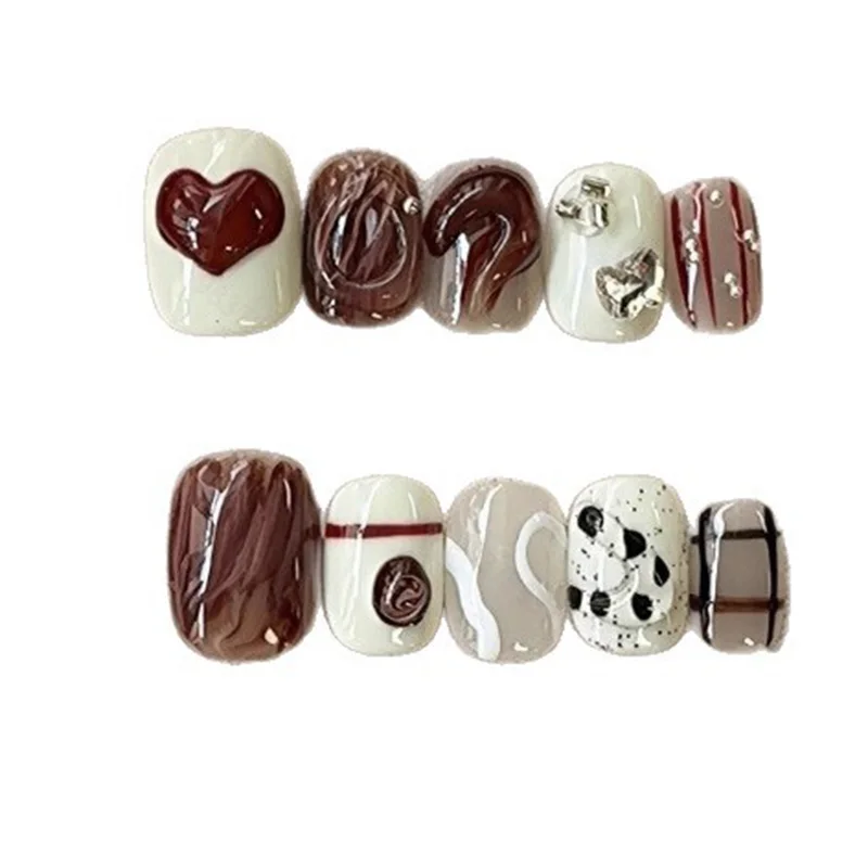 10 قطعة سلم قصير مصنوع يدويًا تغطية كاملة للأظافر دونات مع أحجار الراين اضغط على الأظافر أظافر صناعية على شكل قلب ملصق أظافر جل #4